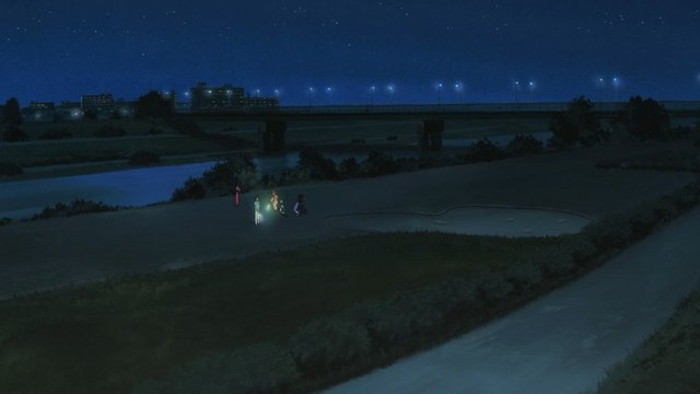 Riverbank fireworks scene